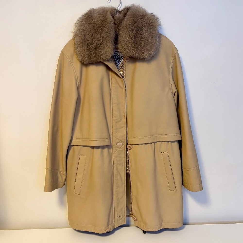 Marvin Richards Genuine Leather Fox Fur Collar Zip Parka Jacket Tan Womens Small